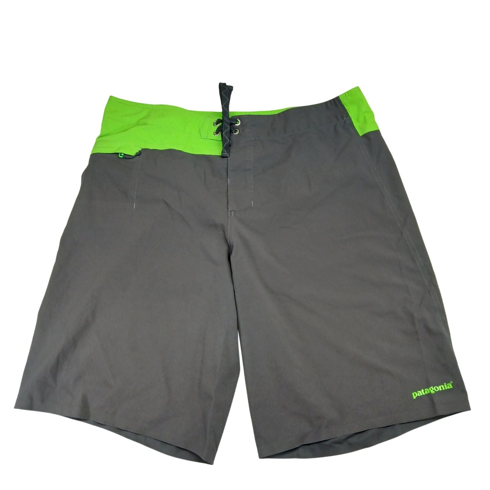 Patagonia Mens Board Shorts Size 34 Grey Lime Green Swim Trunks Performance